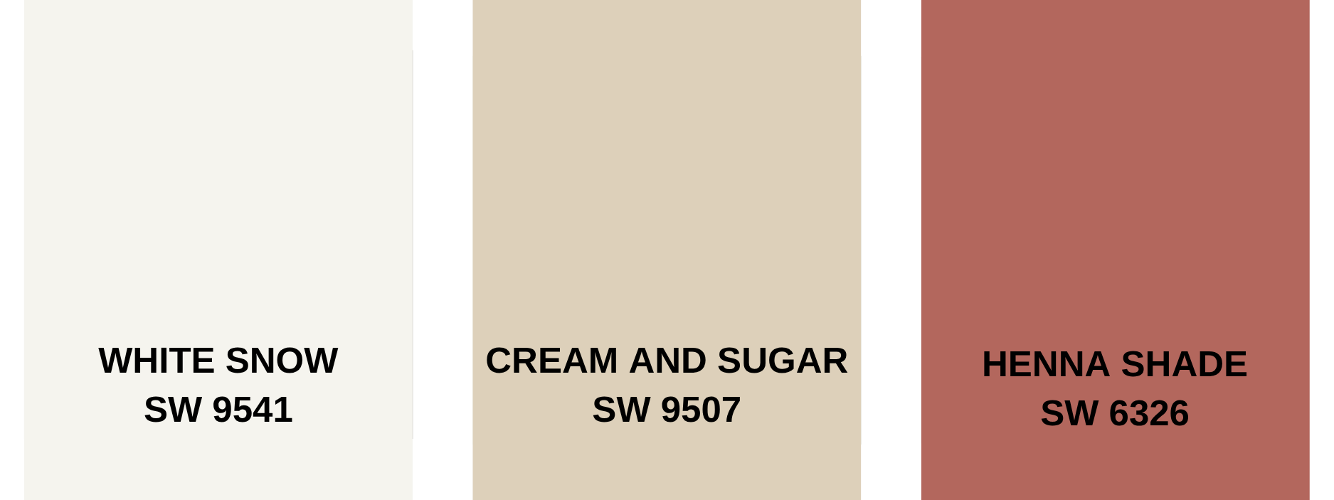 white snow, cream and sugar, and henna shade color swatches